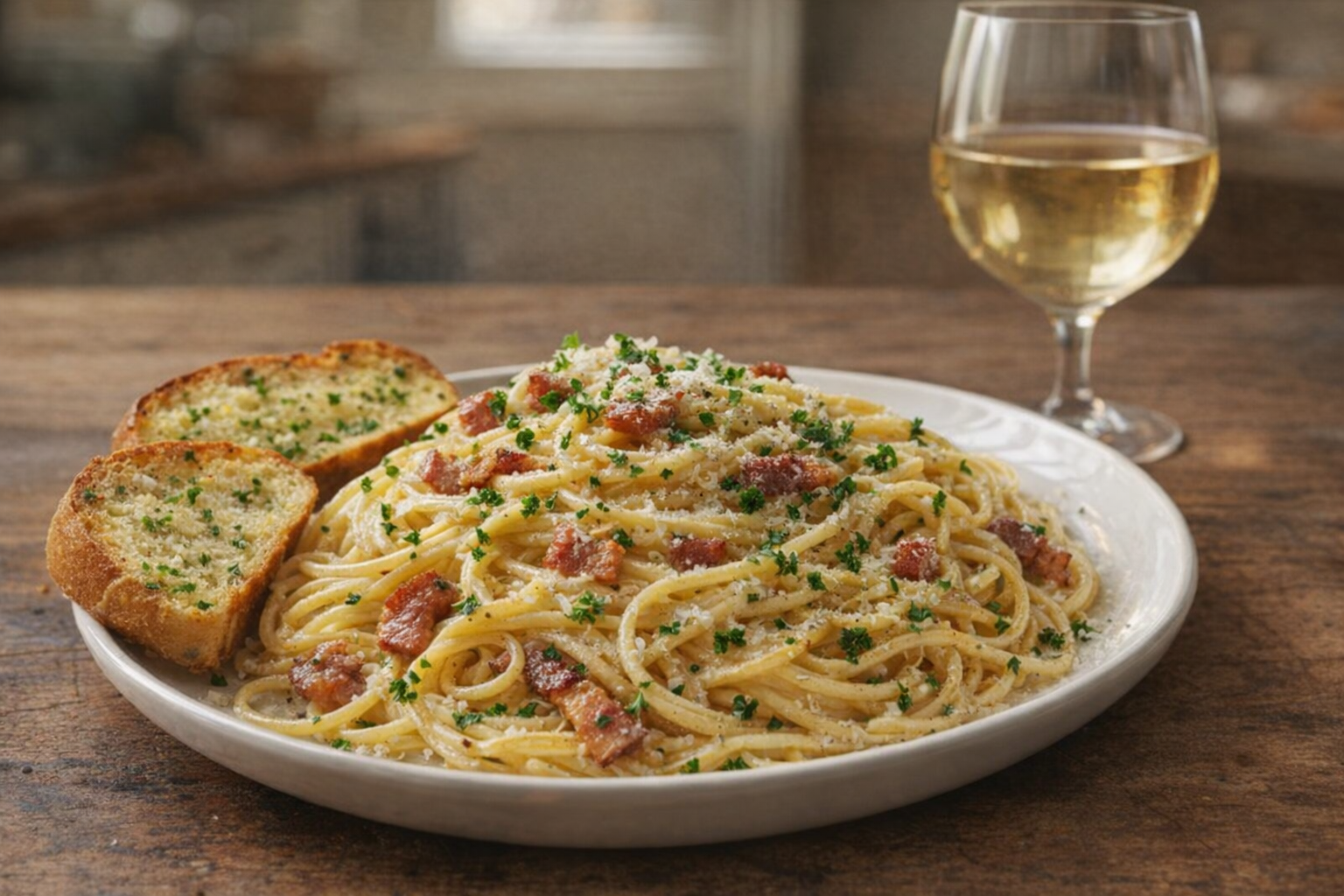 A beautifully plated dish of spaghetti carbonara, garnished with fresh parsley and a side of crusty garlic bread, placed on a rustic wooden table with a glass of white wine in the background, soft natural light